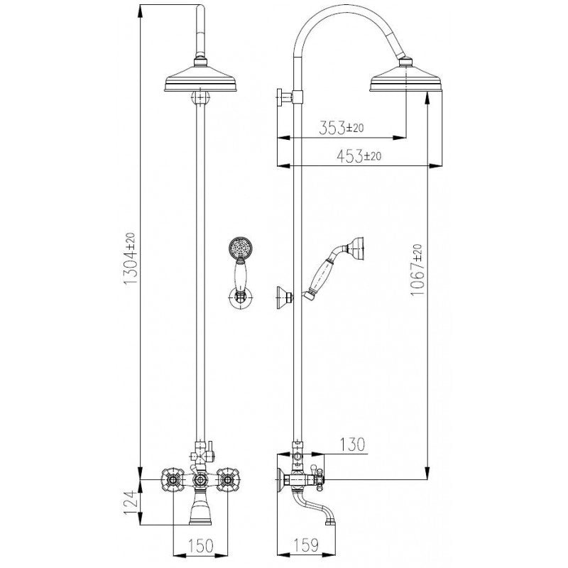 Colonna doccia retrò MORAVA in ottone cromato con doccetta H 150cm