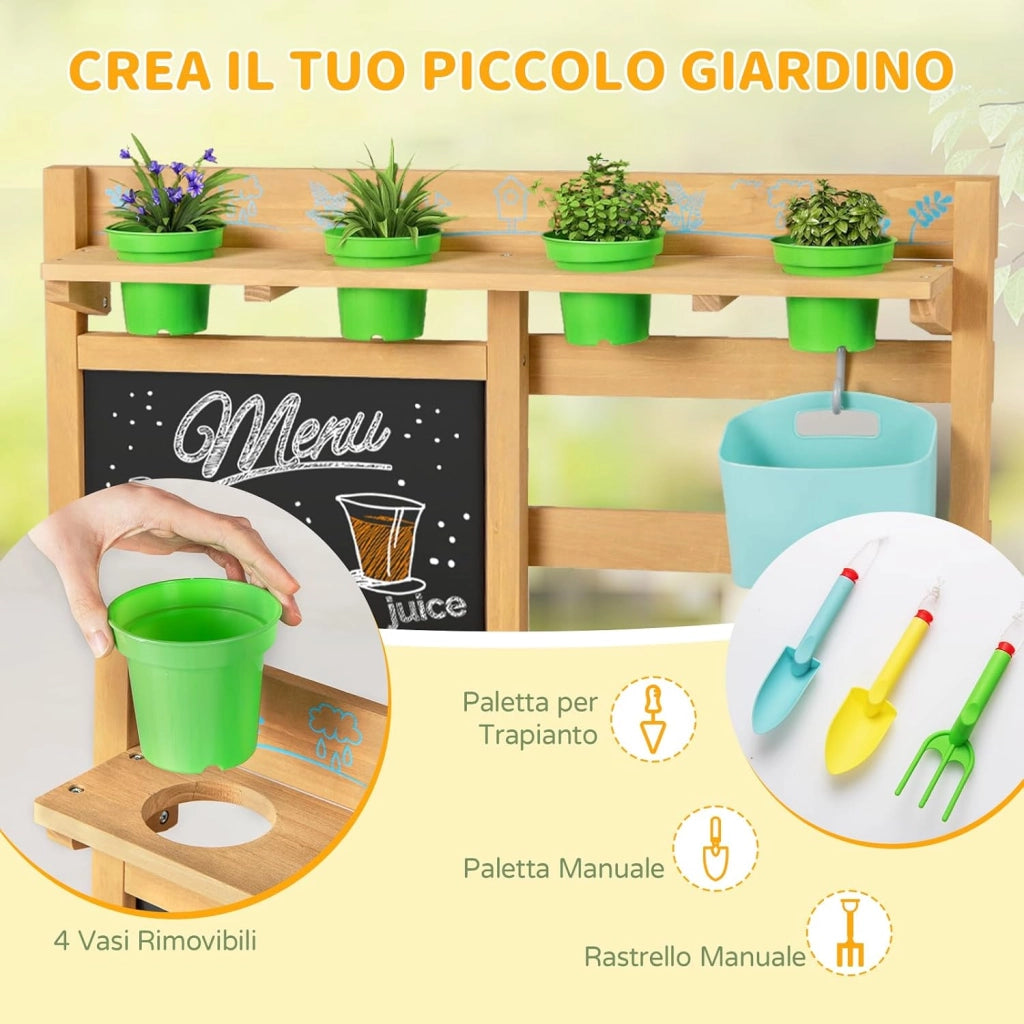 Cucina in Legno per Bambini, Cucina da Gioco all'Aperto con Rubinetto, Lavandini Rimovibili, Lavagna, Fornelli, Manopole, Vasi di Fiori e Accessori per Piantare, per Bambini 3+ Anni