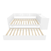 Letto matrimoniale 140×200 cm e 90×190 cm con scrivania; letto estraibile e ripiani; senza materasso; pino; bianco