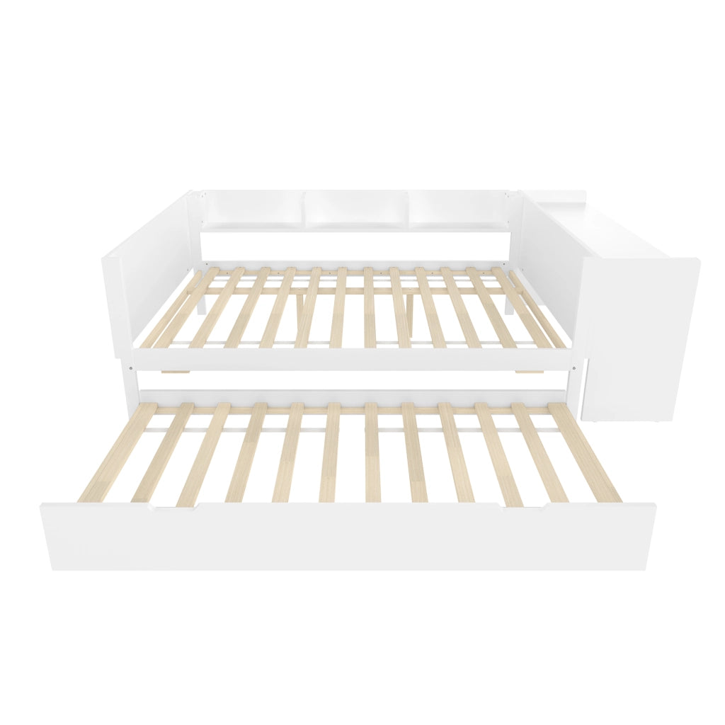 Letto matrimoniale 140×200 cm e 90×190 cm con scrivania; letto estraibile e ripiani; senza materasso; pino; bianco