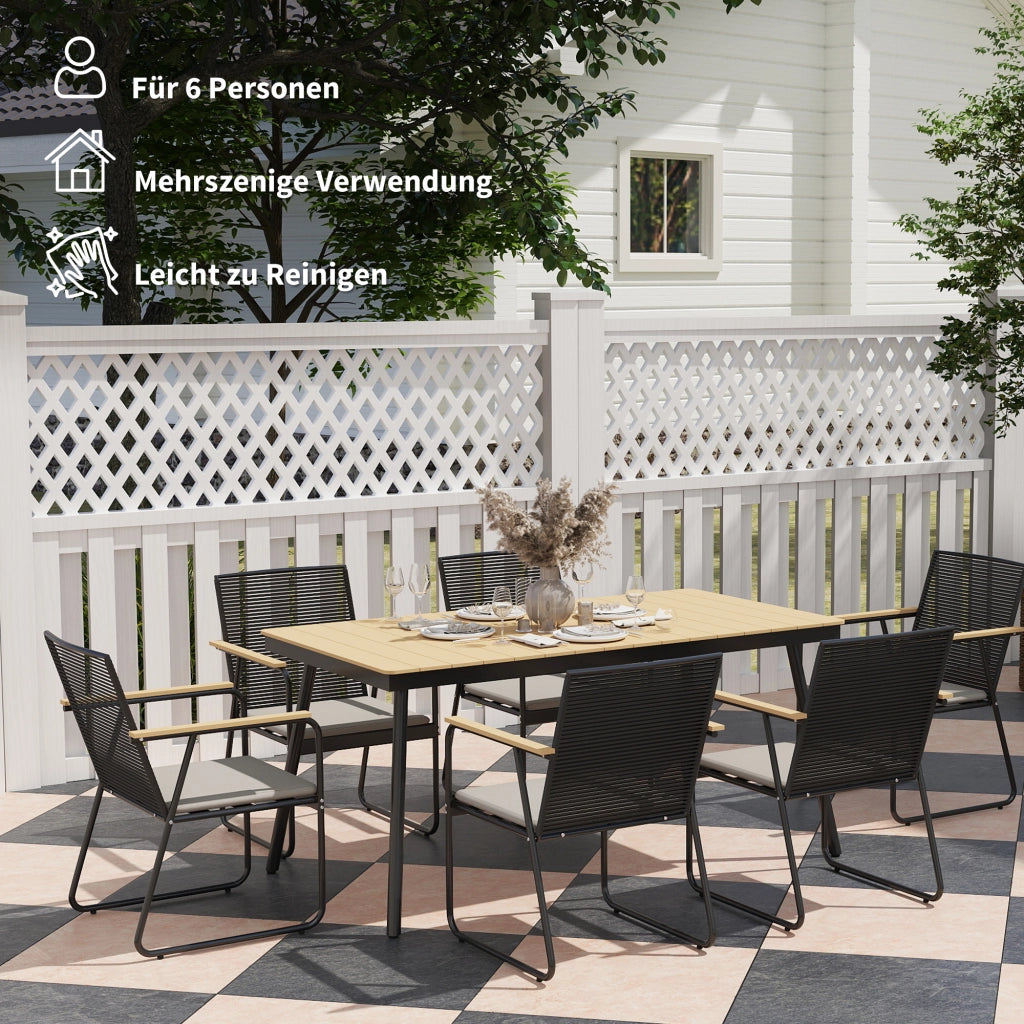 Gruppo di seduti; set da pranzo in metallo da 7 pezzi per 6 persone; tavolo da pranzo con tavolo 6 sedie; set sala da pranzo; legno naturale+nero