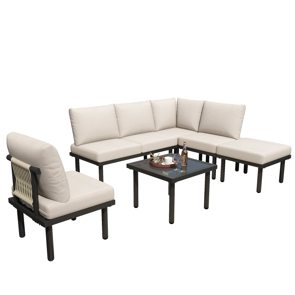 Set Lounge da Giardino 6 Pezzi con Cuscini ¨C MINIMAL ¨C Beige, Fune, Piano in Vetro