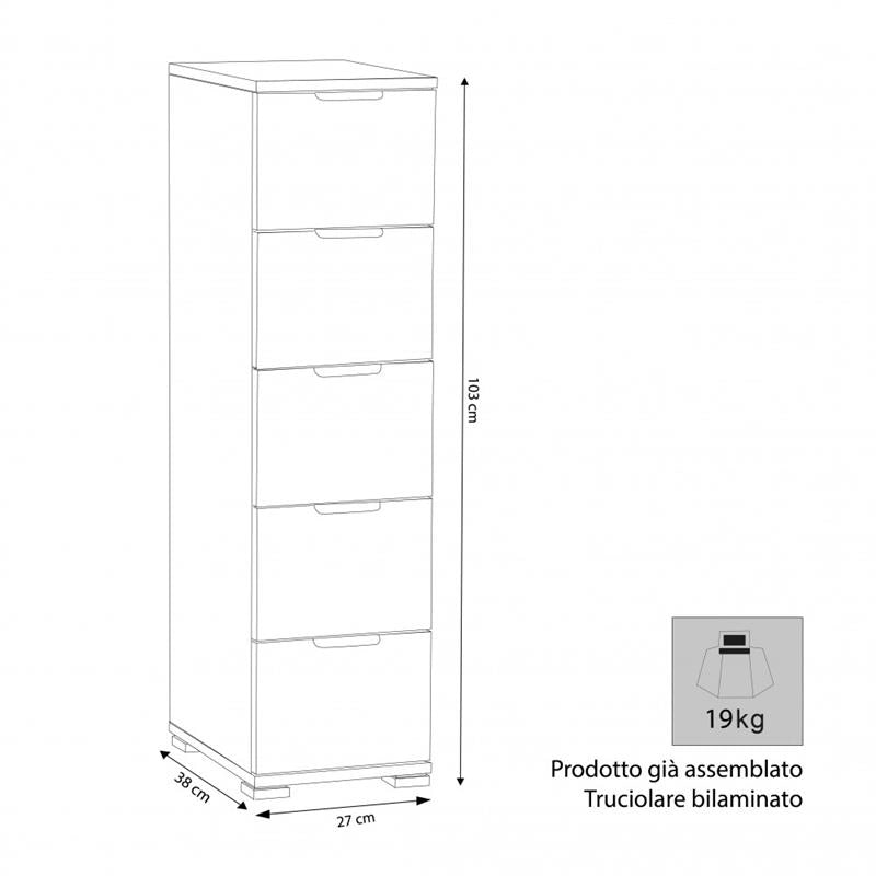 CASSETTIERA IN LEGNO TRUCIOLARE BILAMINATO  CON 5 CASSETTI ROVERE GRIGIO 27 X 38 X H 103 CM