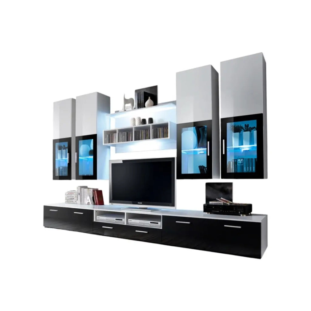 Composizione di mobili TV design collezione LORA. Colori bianco e nero.
