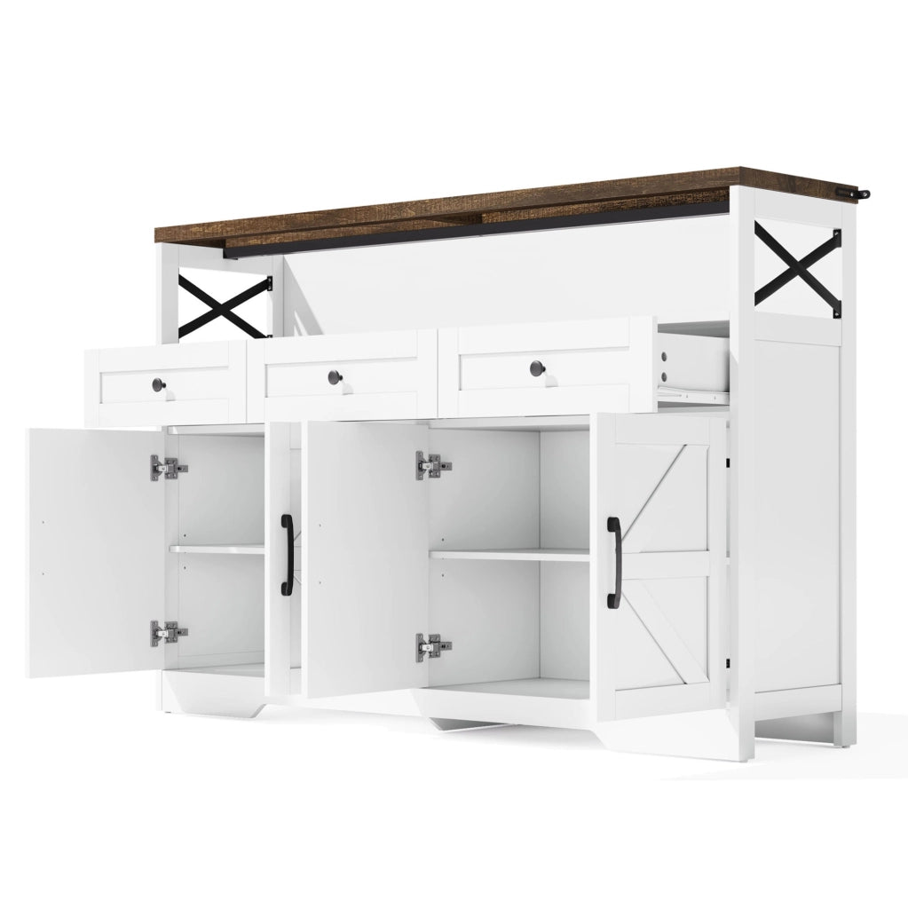 Credenza 140 cm bianca e marrone – 3 cassetti, contenitore, stile rustico