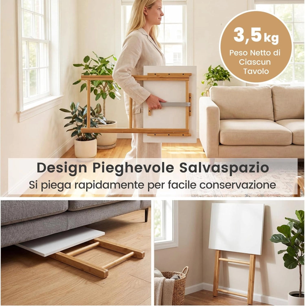 Set di 2 Tavolini Pieghevoli Laterale, Tavolino Portatile da Salotto Salvaspazio, Tavolo Laterale in Bambù, per Soggiorno Patio Terazza, Portata 20 kg, Senza Montare