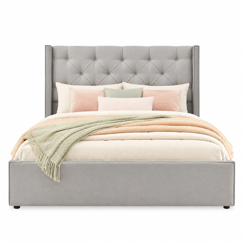 Letto matrimoniale imbottito con contenitore 140x200 cm in cotone grigio chiaro