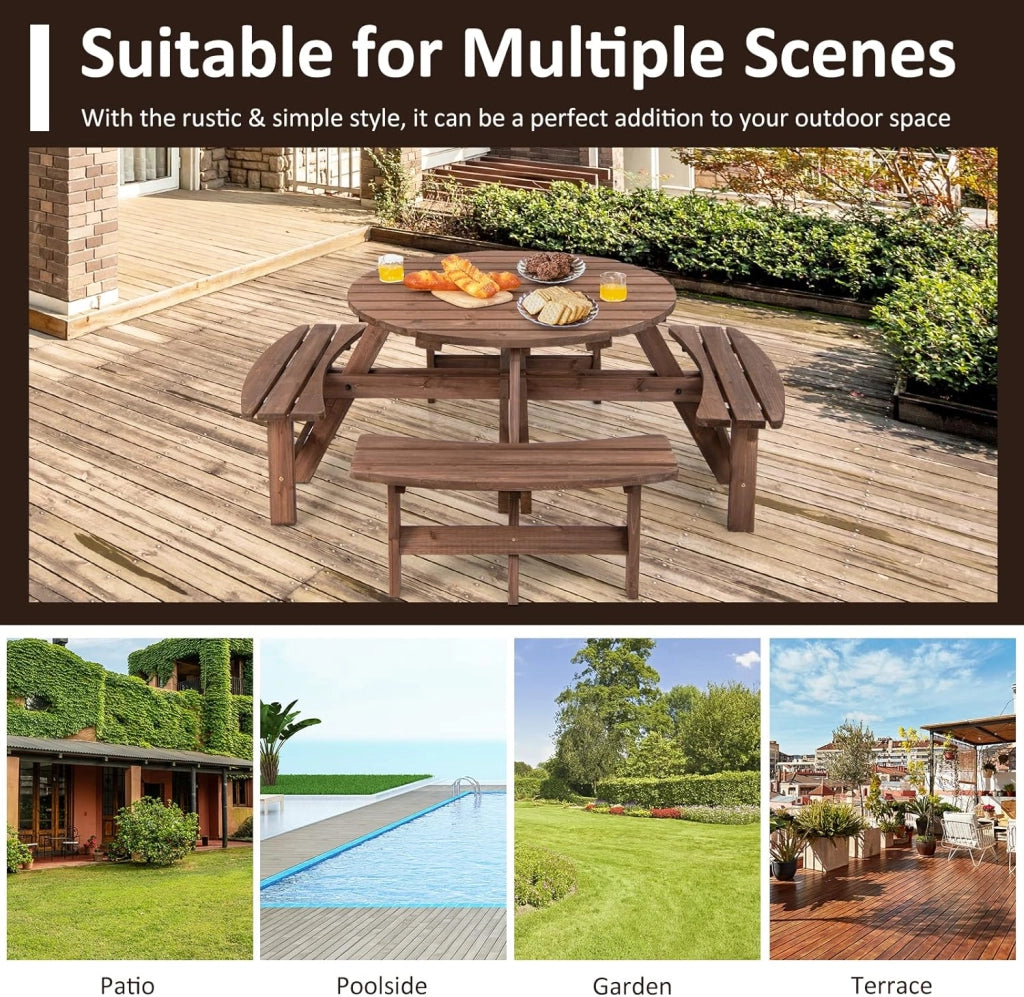 Set di Tavolo e Panche Da Esterno Rontondo in Legno, Set di Mobili da Giardino per 8 Persone con Foro per Ombrellone, Resistente alle Intemperie, 178x178x70 cm
