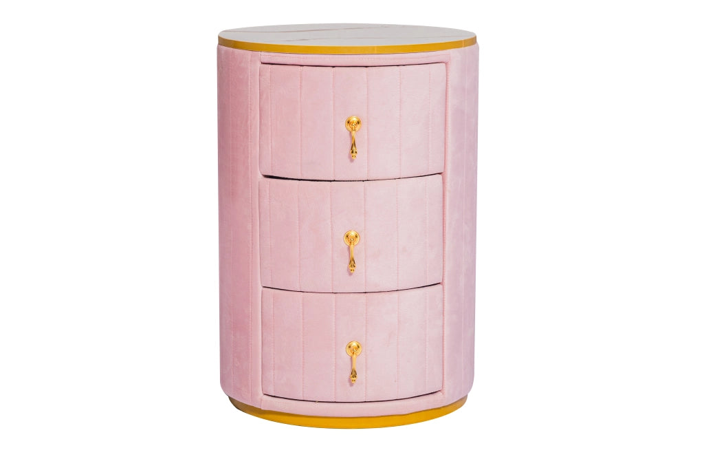 Tavolino da Comodino con 3 Cassetti ¨C MINIMAL ¨C Velluto Rosa, Piano in Marmo, Gambe Oro