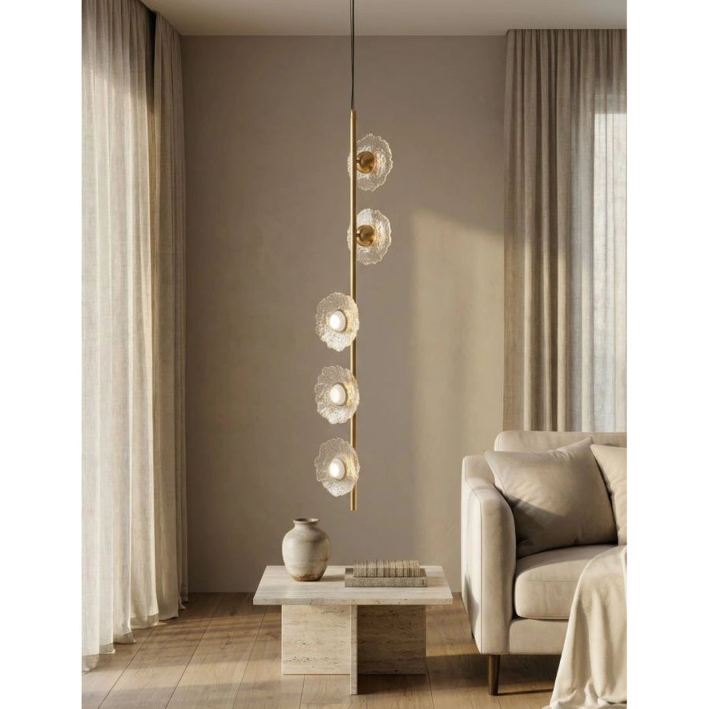 Lampadario verticale Emily in metallo oro e vetro