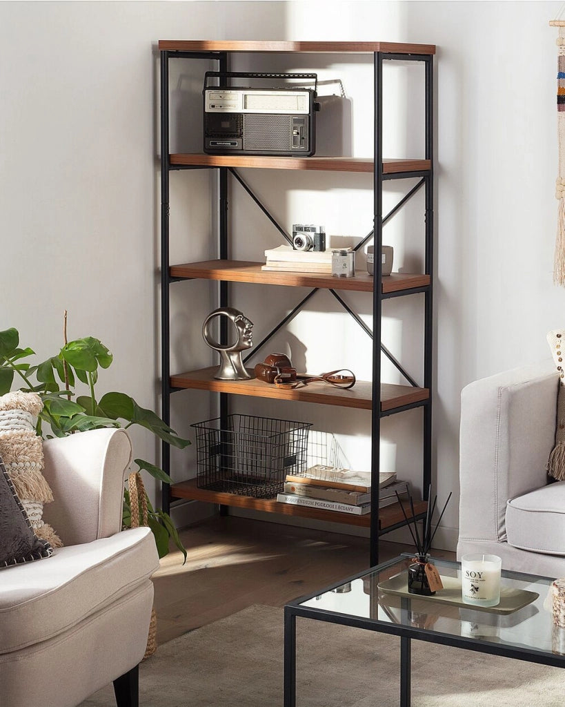 Libreria a 4 ripiani aperta industriale in legno scuro con struttura in metallo Nero Brisbane