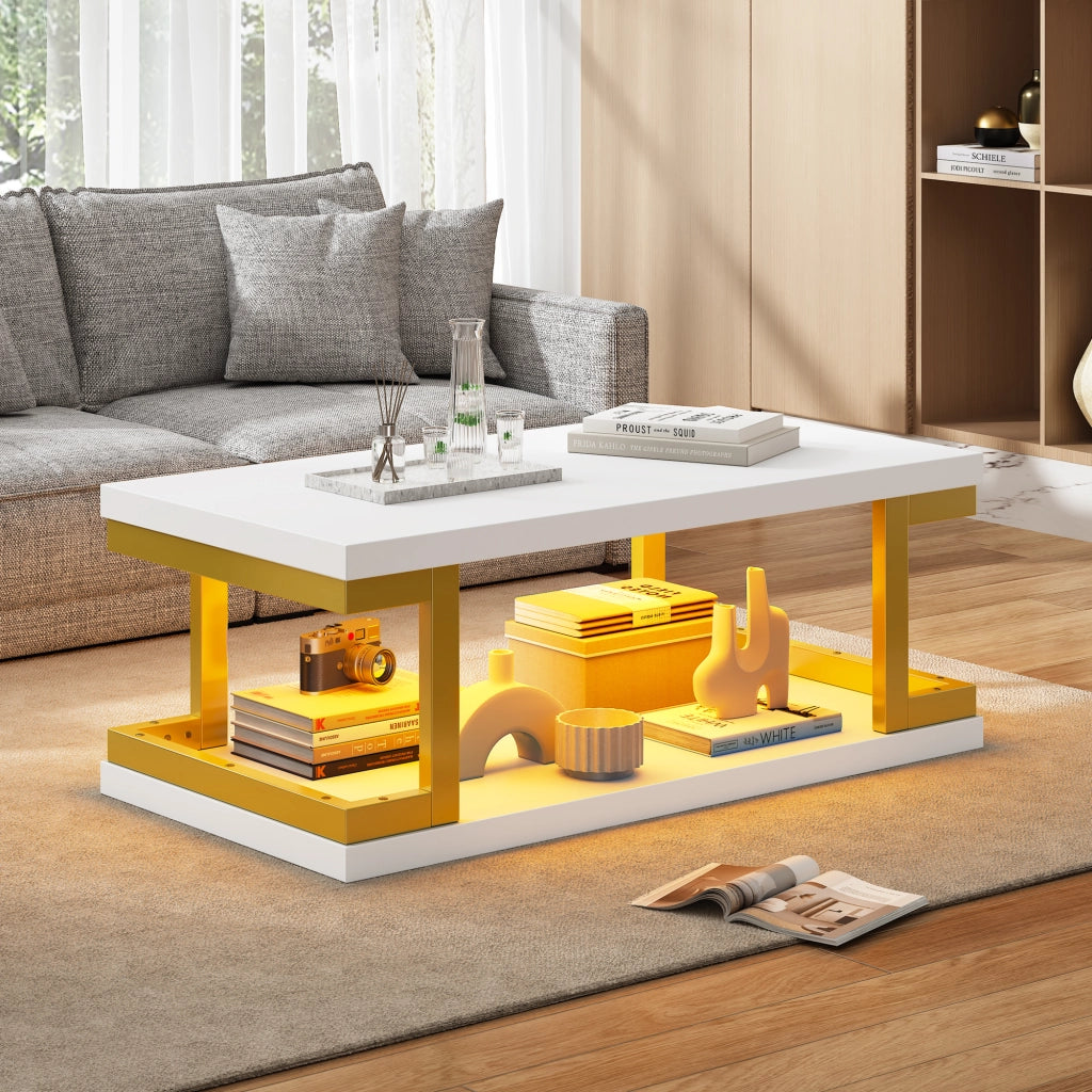 Tavolino da caff¨¨ rettangolare 100 ¡Á 50 ¡Á 37,5 cm con illuminazione LED, struttura in MDF e metallo, colore bianco e oro