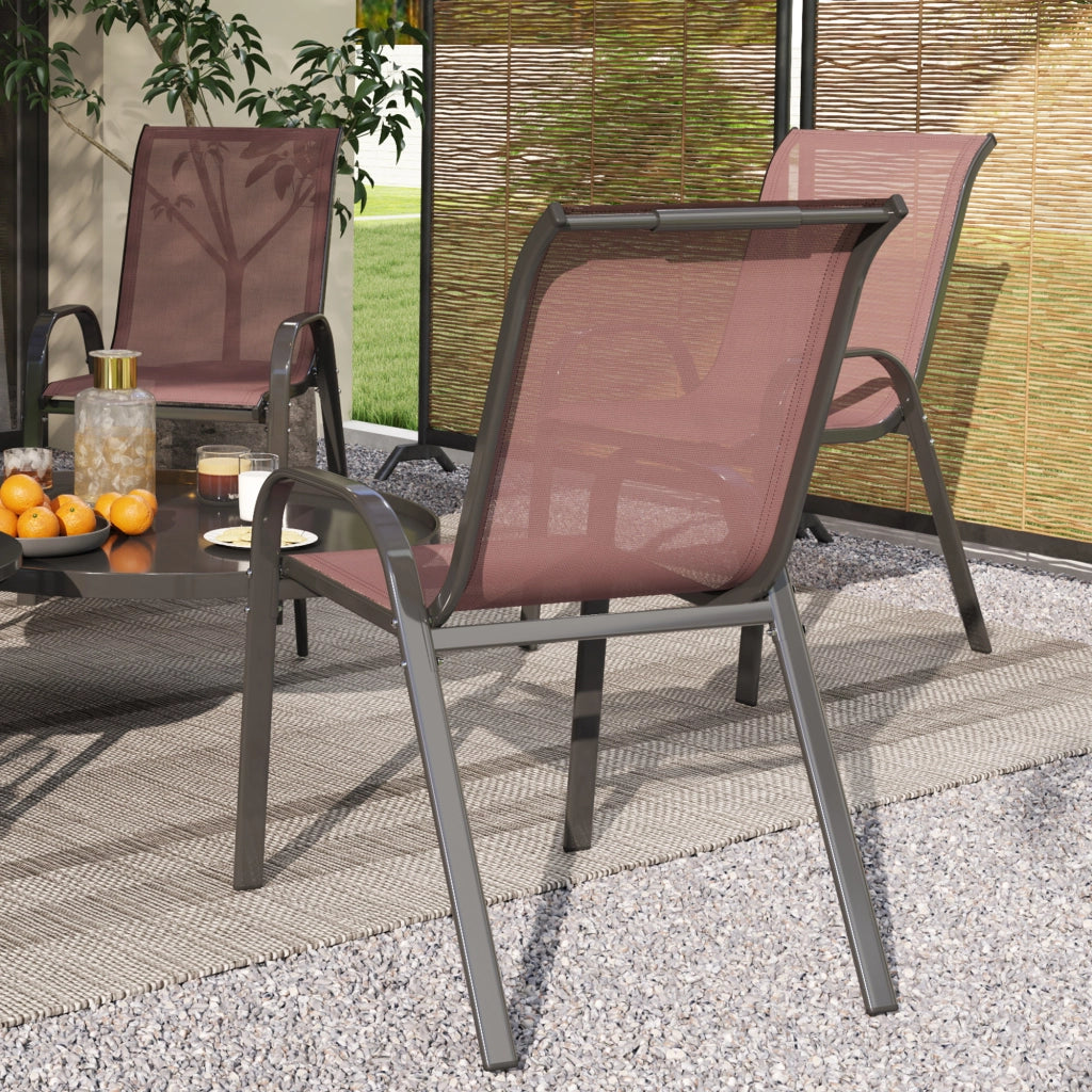 Set 4 Sedie da Giardino 54x71x93 cm Impilabili con Braccioli Curvi in Acciaio e Tessuto Traspirante Marrone