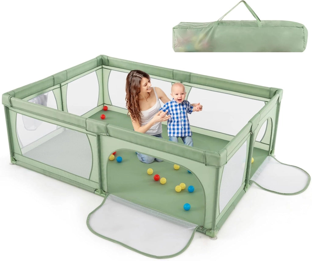 Recinto per Bambini, Box per Neonati con Rete Traspirante, Centro Attività con 50 Palline, Box Giochi per Bambini 0-3 Anni (Verde, 206 x 147 cm)