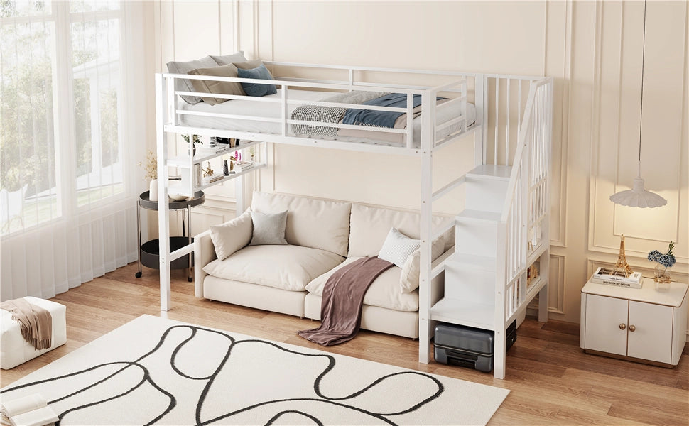 LETTO A CASTELLO 90x200 cm con ripiani, scala contenitore, bianco
