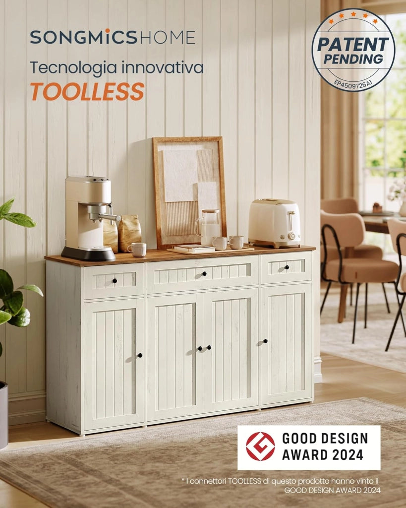 SONGMICS HOME Credenza Montaggio Rapido Senza Attrezzi Toolless, Montaggio Superveloce Senza Utensili, Mobile da Cucina con Piano, Buffet, Ripiani Regolabili, Bianco Vintage e Marrone Miele BBK376WJ02