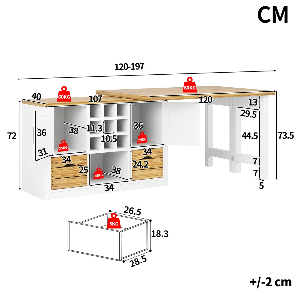 Tavolo da pranzo estensibile con madia, piano girevole a 360°, 1 cassetto e portabottiglie, per cucina, in MDF, bianco