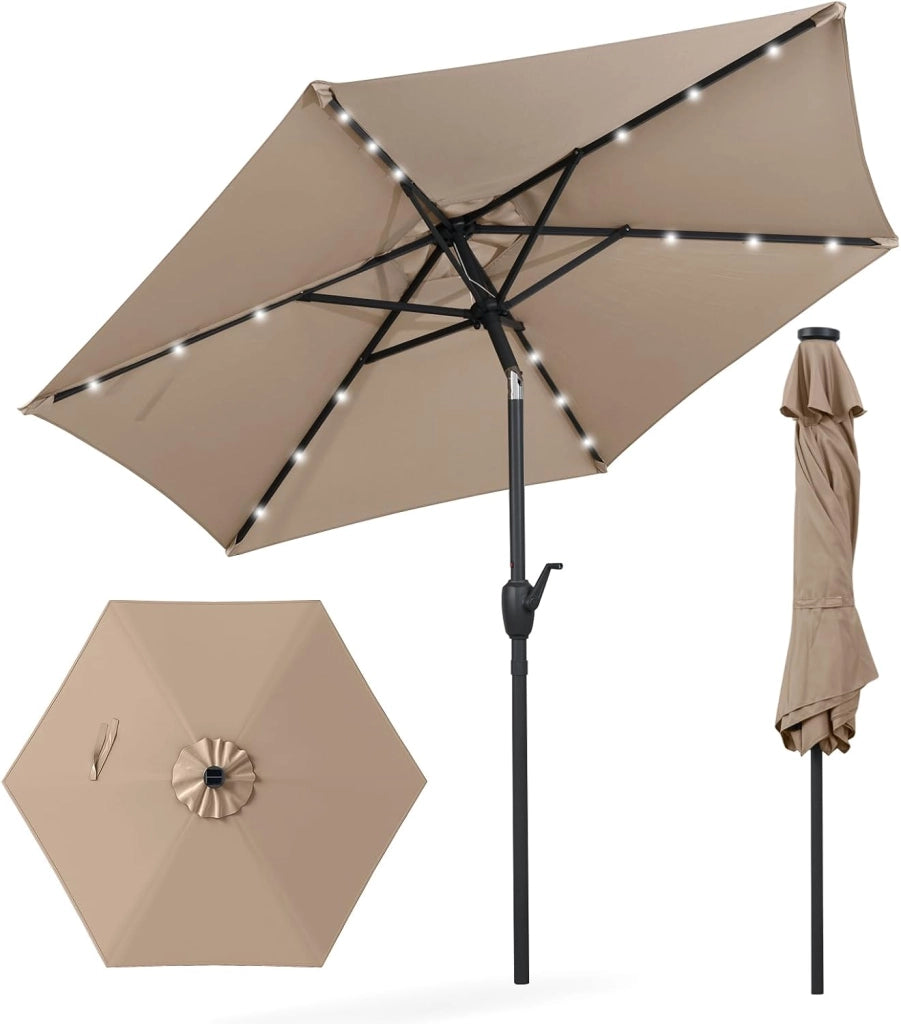 Ombrellone da Giardino con LED 230 cm, Ombrellone da Spiaggia Inclinabile e Portatile, con 6 Aste e Manovella in Metallo, Anti UV, da Esterno per Patio, Piscina, Mercato, Terrazzo