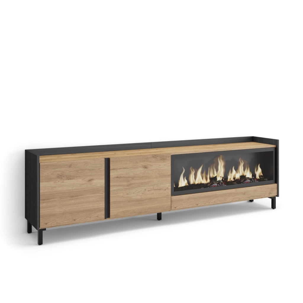 Mobile TV Soggiorno, 212x61x35 cm, Per TV fino a 80", Camino elettrico XXL, Design industriale, Rovere e nero