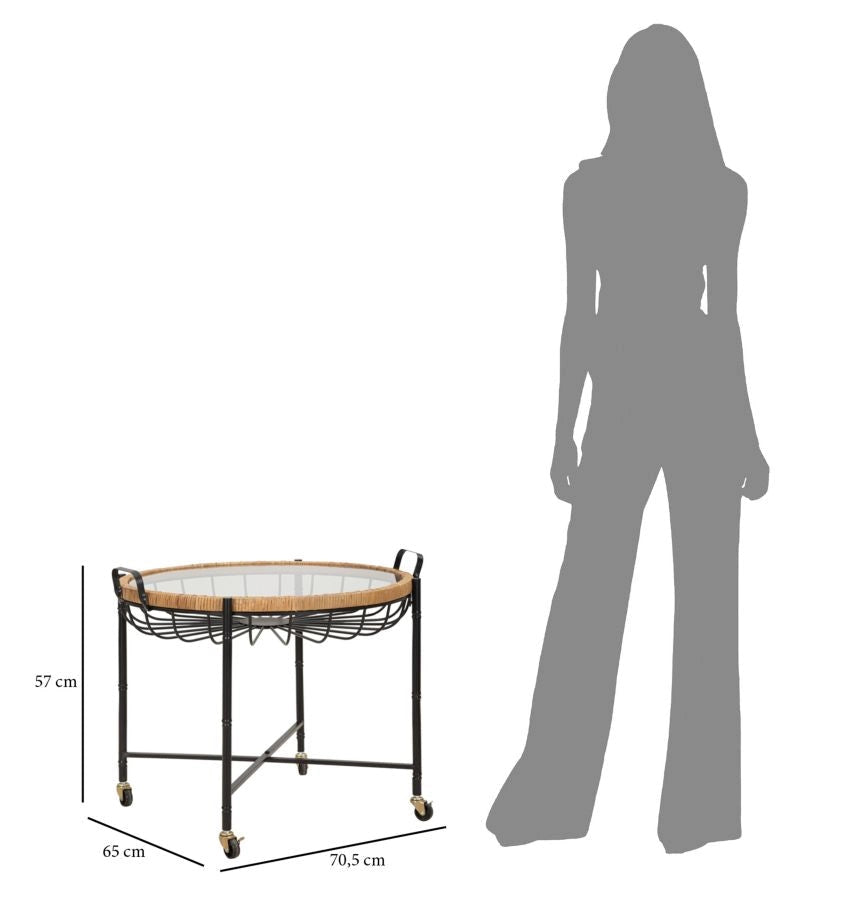 Tavolino Basso 70,5x65x57 cm con Ruote in Metallo Piano in Vetro