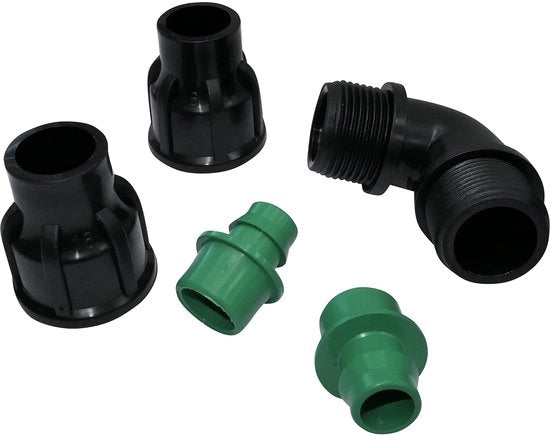 Impianto di irrigazione in plastica, con 5 armature a 90°, Ø 16 x 16 mm, sistema di gocciolamento, confezione di connessione in plastica.