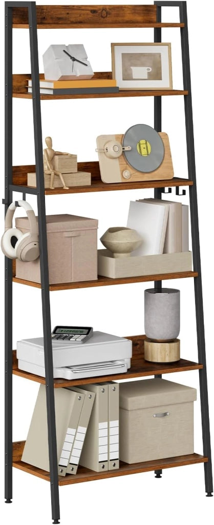 Libreria a 6 Ripiani, Scaffale con 4 Ganci Industriale, Scaffale a Scala in MDF e Metallo per Soggiorno, Cucina, Studio, Ufficio,Bianco, 41x36x187cm RGB30whe