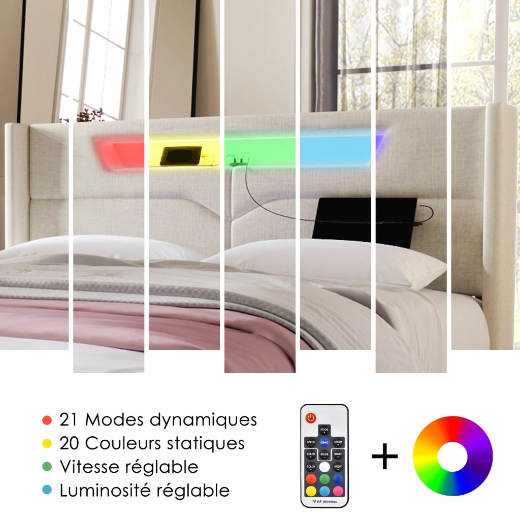 Letto 140x200 beige con LED, USB-C, contenitore e materasso