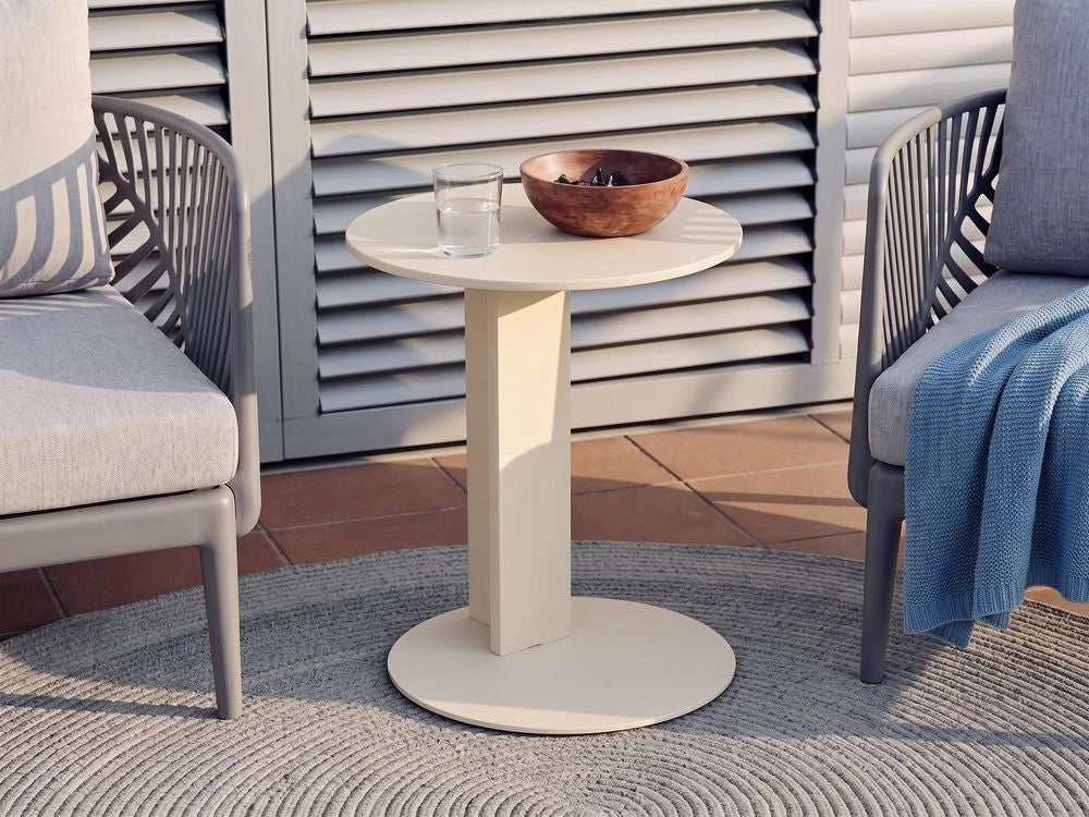 Tavolino da giardino in acciaio verniciato a polvere, resistente alle intemperie, rotondo, 40 cm, arredo da esterno, beige
