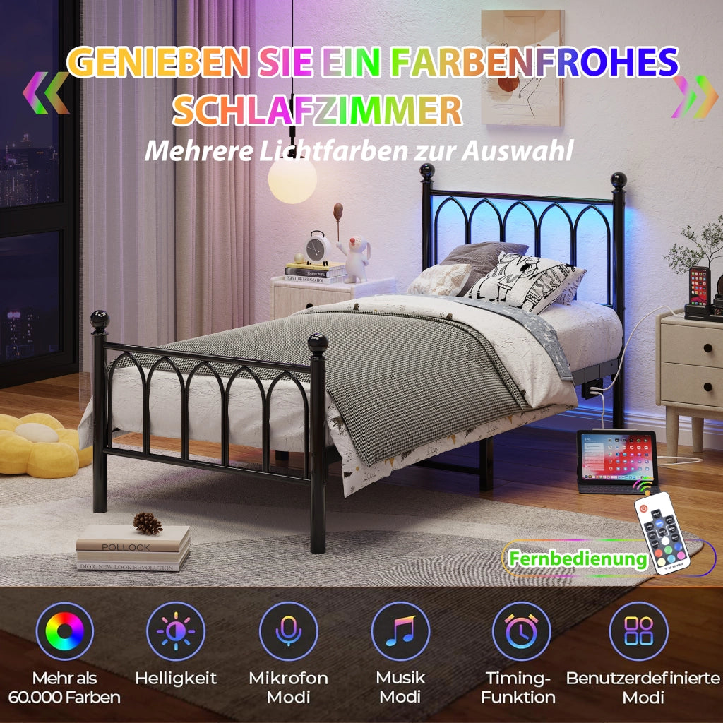 LETTO in metallo 90x200 cm Nero con LED, USB e presa, senza materasso