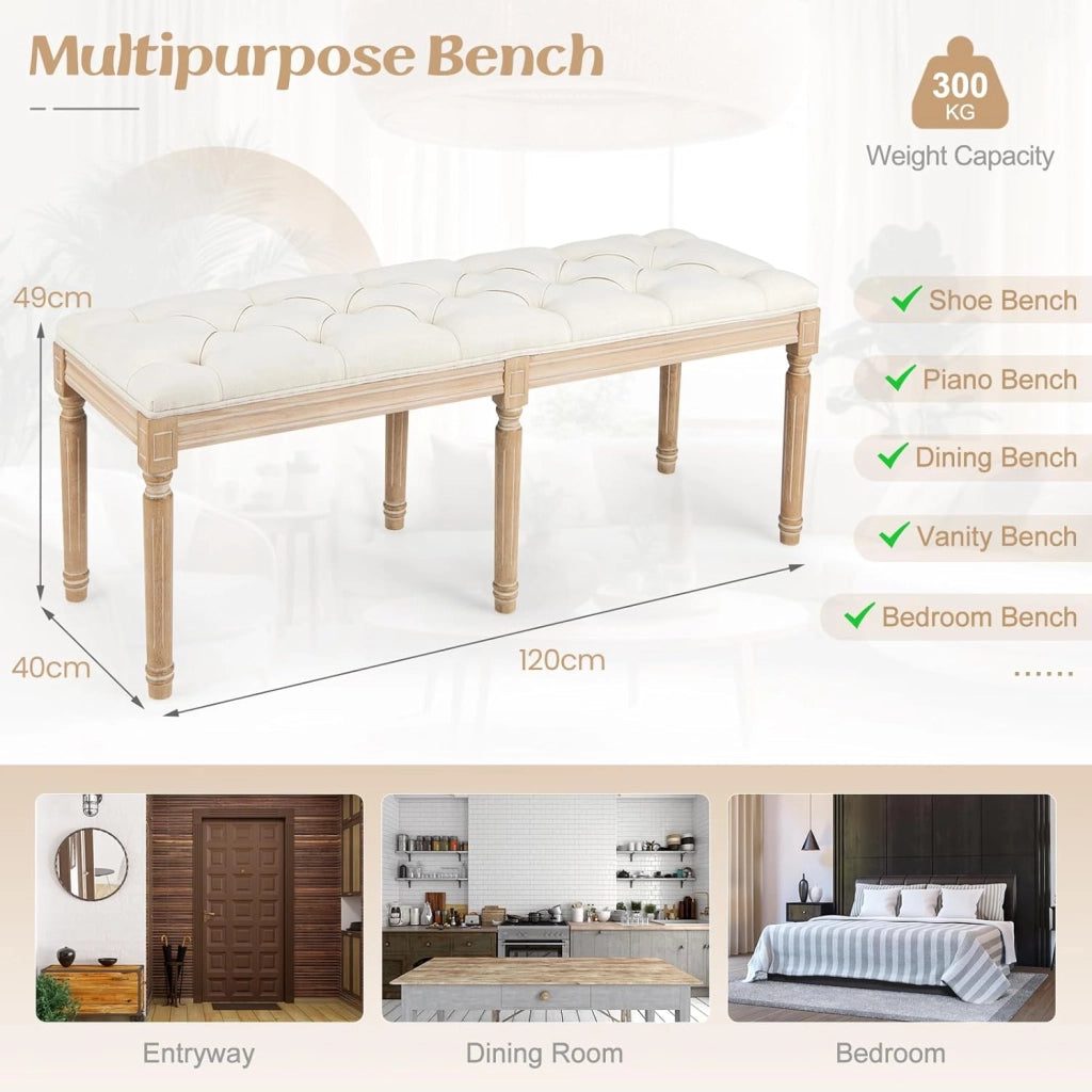Panca a 2 Posti da Ingresso Vintage, con Gambe in Legno di Caucciù, Seduta Imbottita, Panca Porta Scarpe per Ingresso, Salotto, Camera da Letto, Capacità 300 kg, 120 x 40 x 49 cm, Beige