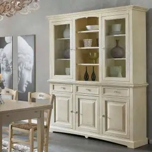 Credenza cristalliera in legno 3 ante Shabby chic mod goccia avorio anticato