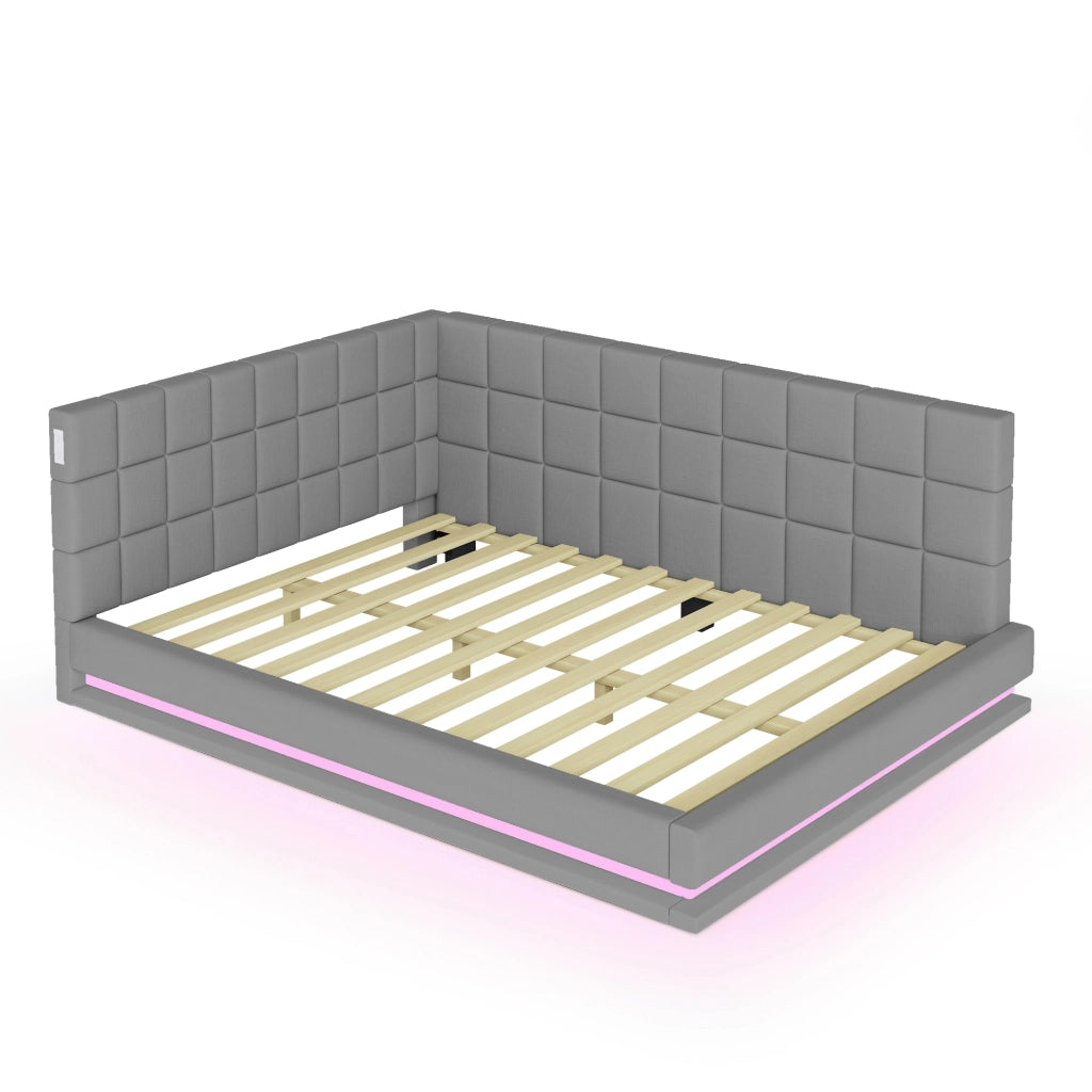 OKWISH Divano Letto 160×200 cm, Letto Matrimoniale con LED Regolabile, USB e Doghe, senza Materasso, in Lino, Grigio