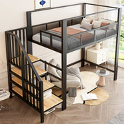 Letto a soppalco in metallo 90x200 cm con scala contenitore, struttura alta, colore nero