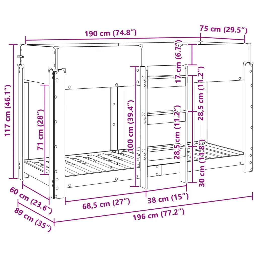 Letto a Castello per Bambini Grigio cemento 75 x 190 cm 3410542