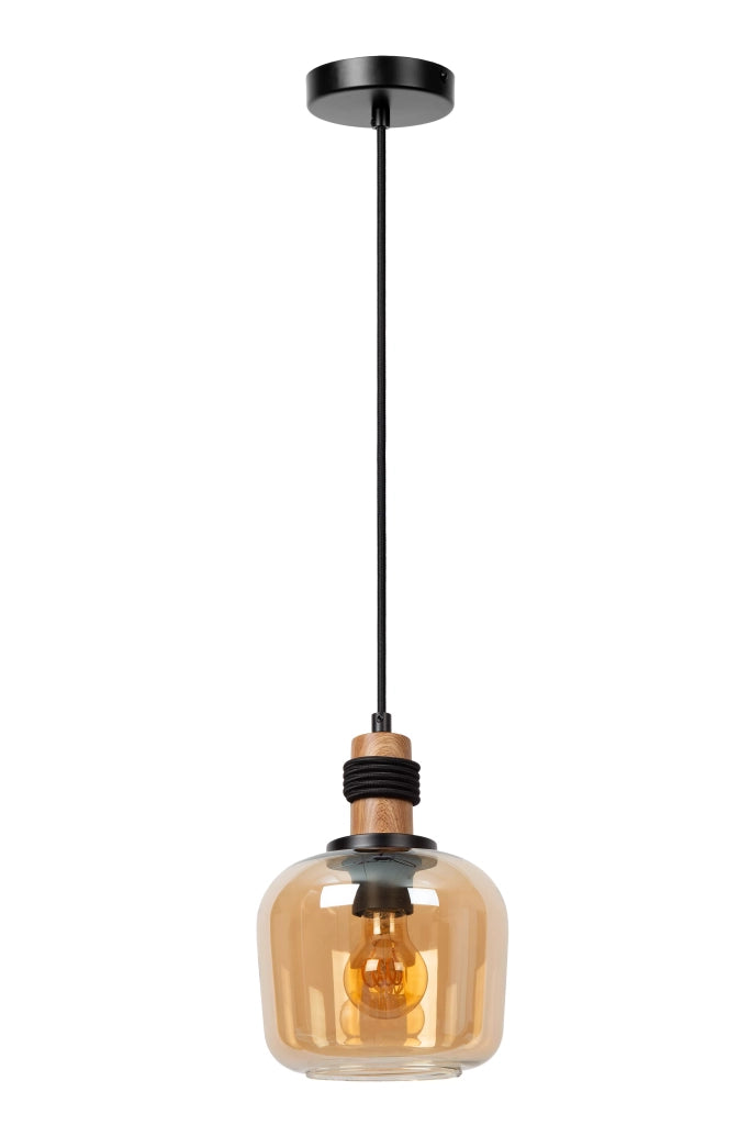 Lampada a sospensione ILONA vetro/legno nera Ø18 E27 Lucide
