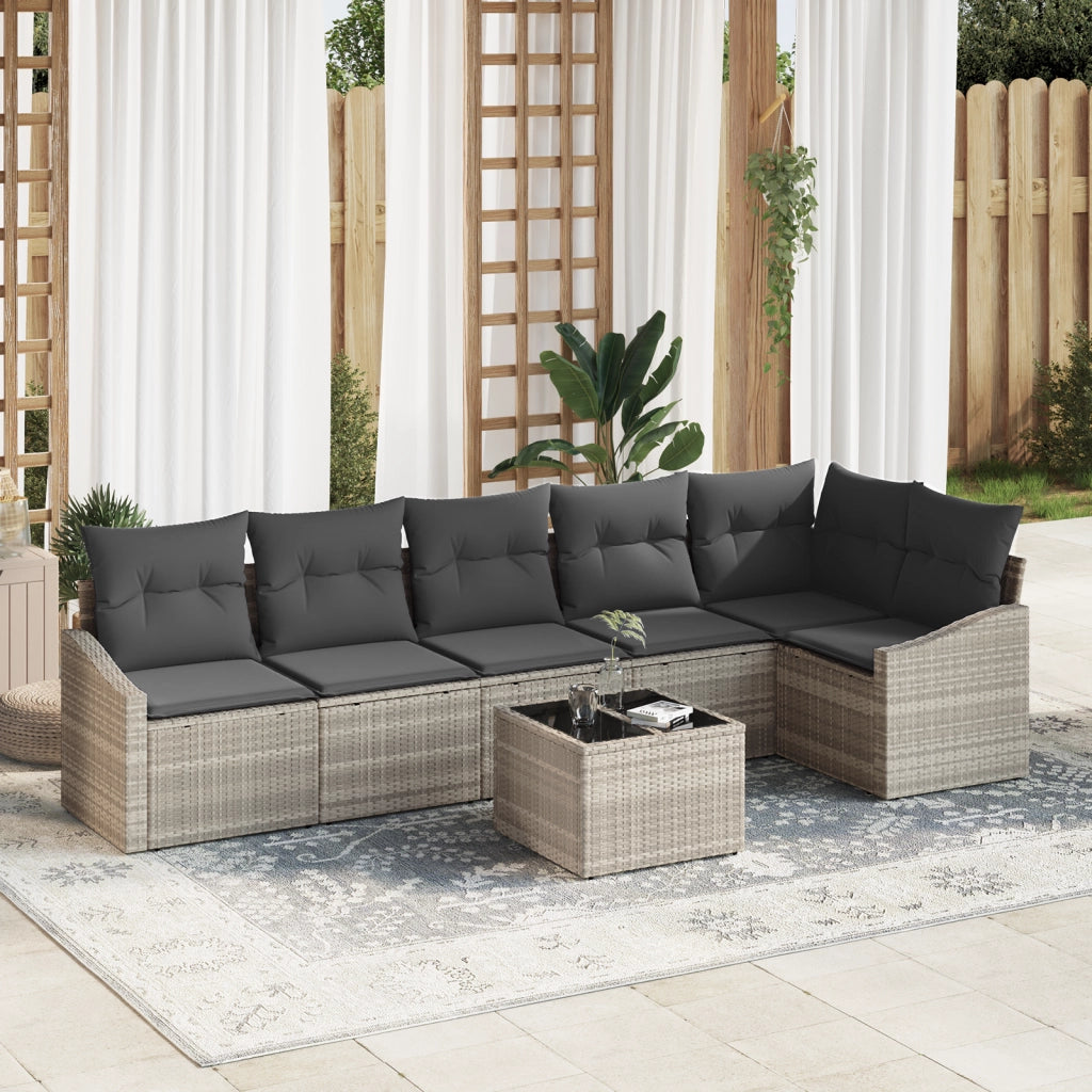 Set da Pranzo Giardino 7 Pezzi con Cuscini Grigio in Polyrattan