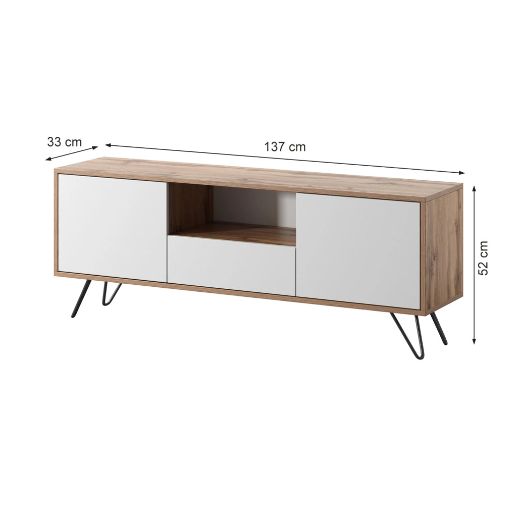 Mobile TV Con 2 Ante Battenti Anta A Ribalta E Vano A Giorno Mobile Porta TV Design Minimal Moderno Per Soggiorno Salotto Zona Living Sala Da Pranzo 137 X 52 X 33 Cm Rovere E Bianco