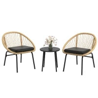 Set da Bistrò in Rattan per Terrazza, Set di Mobili da Giardino, 2 Sedie e Tavolo, Giallo