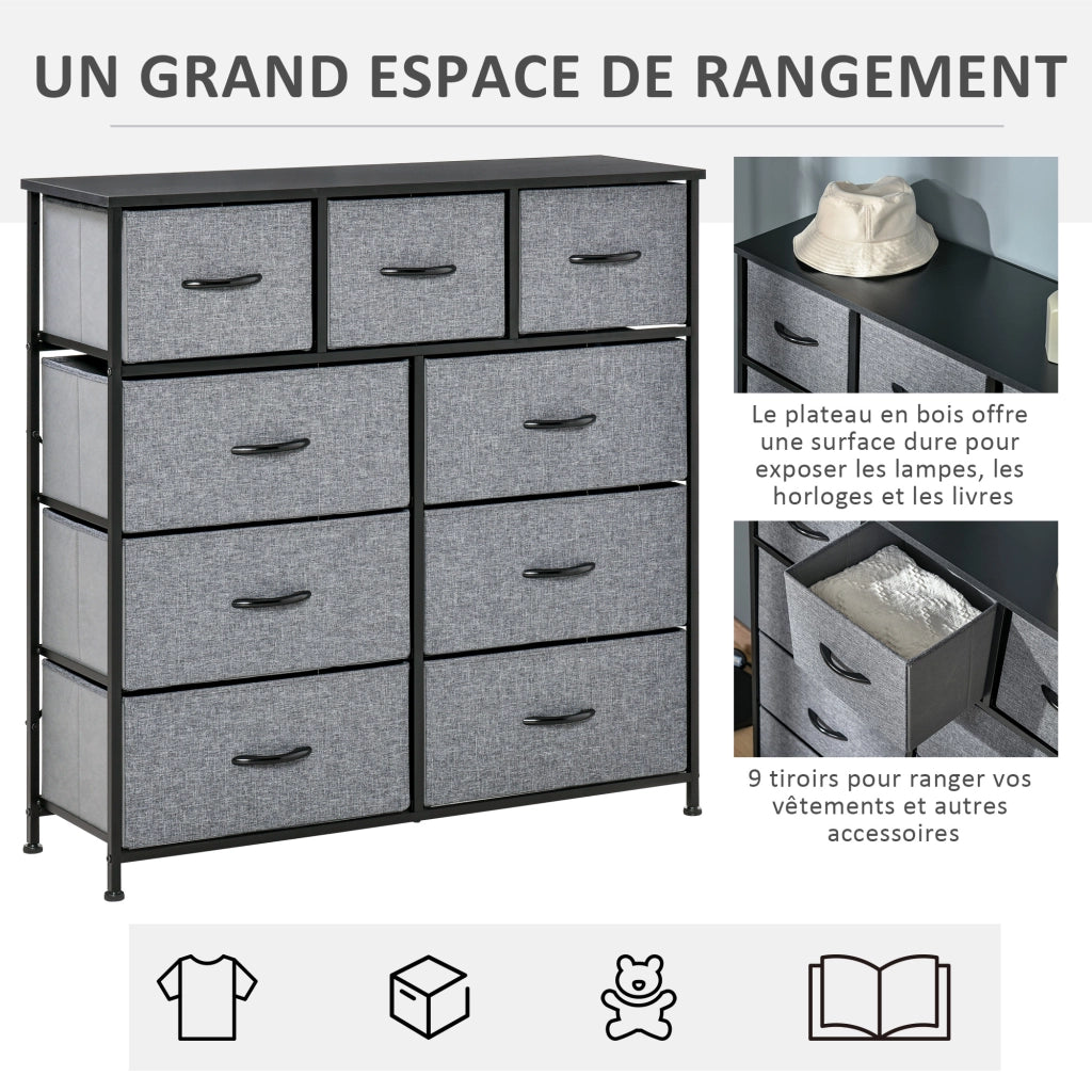 Cassettiera a 9 cassetti in tessuto ¨C zephmum ¨C nero e grigio 100x30x100 cm