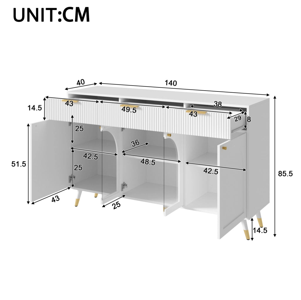 Credenza con 4 ante e 3 cassetti; inserti in acrilico; 140x40x85;5 cm; bianca