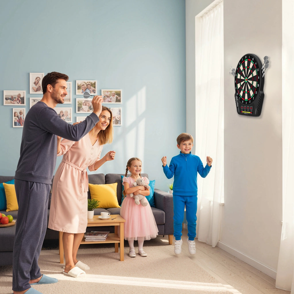 Bersaglio Freccette 44x51,5x3.2 cm con 6 Freccette Alimentatore 4 Display LED e 27 Giochi in ABS e PP Nero