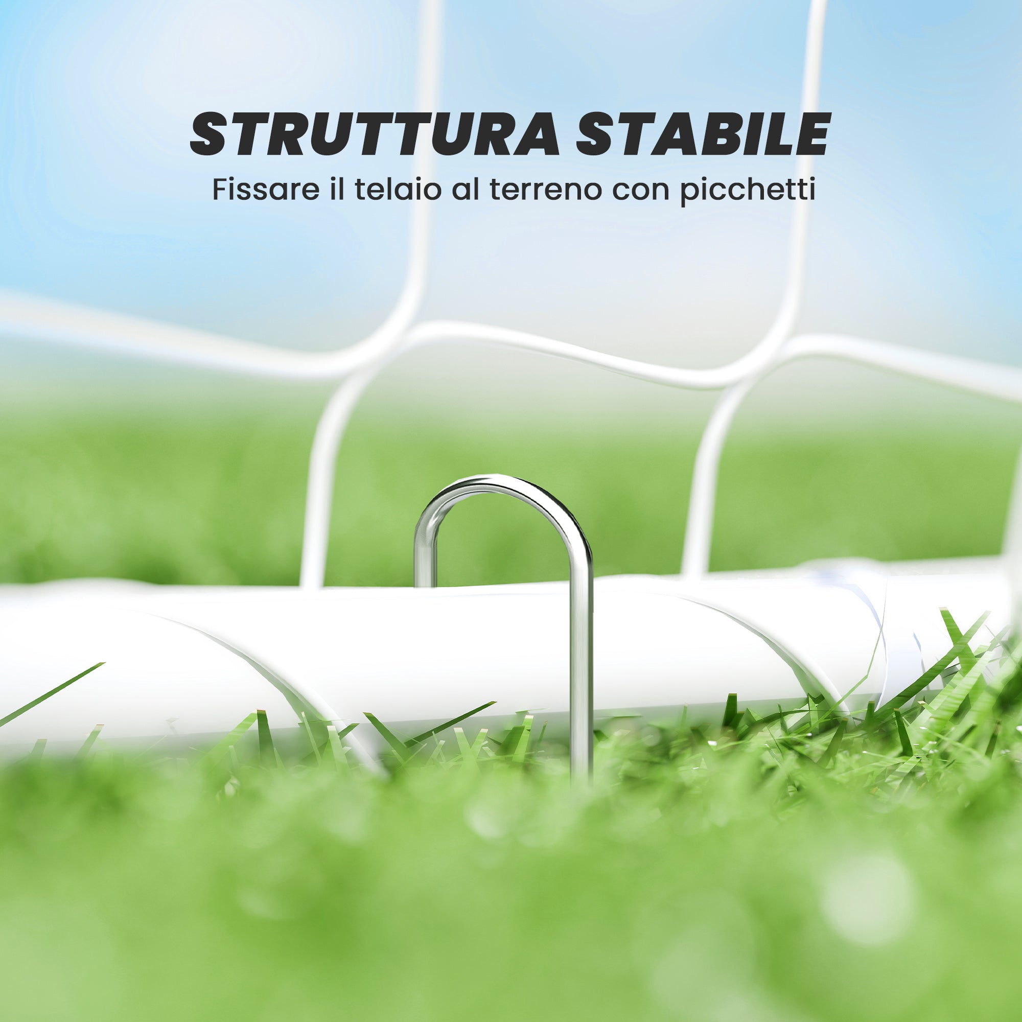 Porta da Calcio per Giardino 301x120x200 cm con 6 Picchetti a U in PE e Metallo Epossidico Bianco