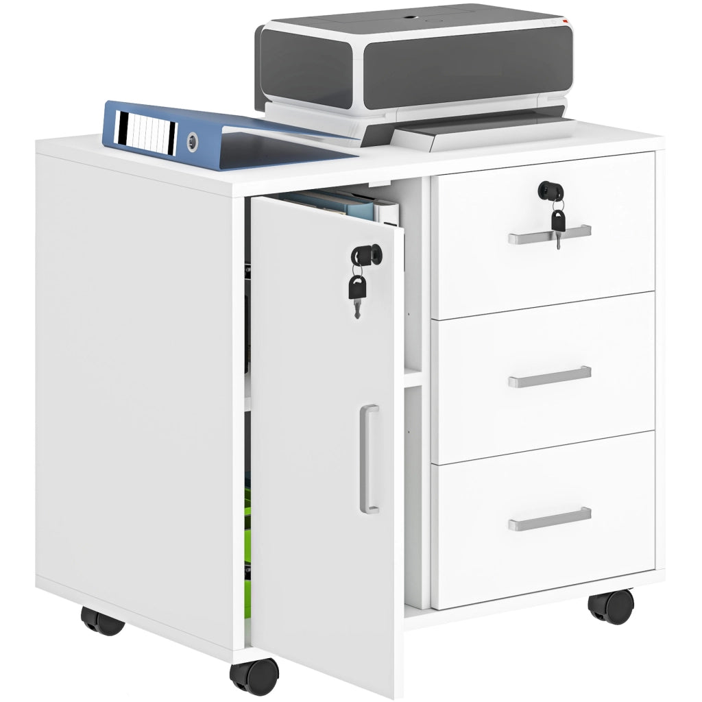 Cassettiera per Ufficio con 3 Cassetti e Armadietto ¨C zephmum ¨C Legno, Bianco, 60x40x56 cm