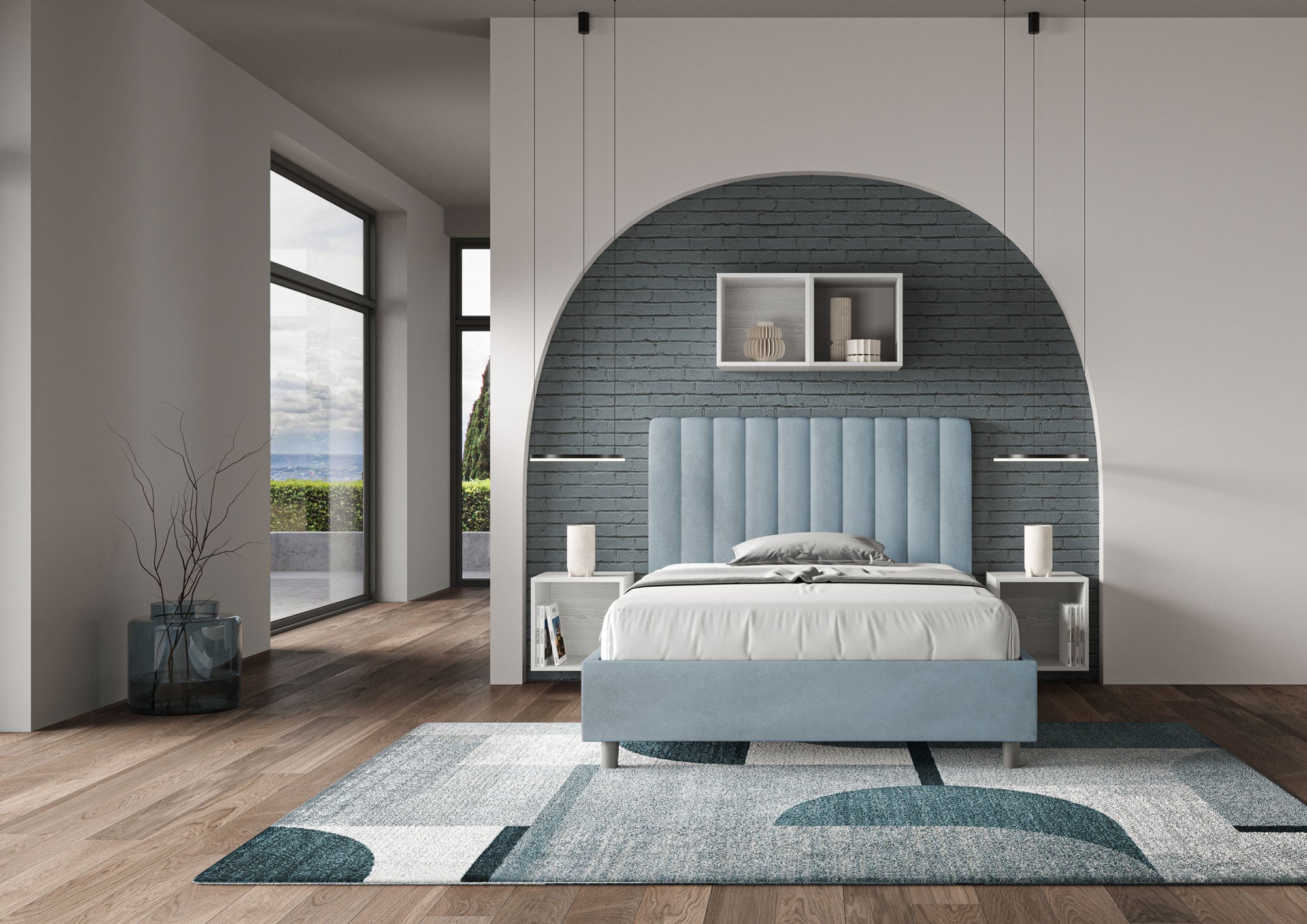 Letto 1 Piazza e Mezzo 120x190 cm con Rete e Contenitore Agueda Azzurro