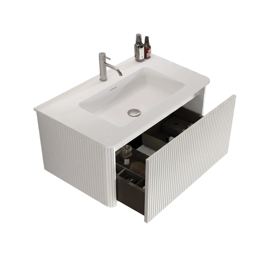 Mobile bagno sospeso 80 cm con lavabo, design scanalato, bianco, preassemblato