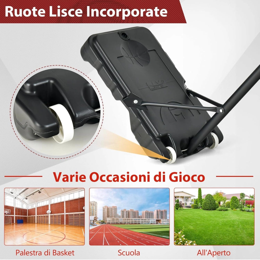 Canestro Basket da Interno ed Esterno Portatile e Regolabile in Altezza 90-210cm, Canestro da Basket per Bambini con Ruote, Incavo per Pallone e Tabellone Infrangibile
