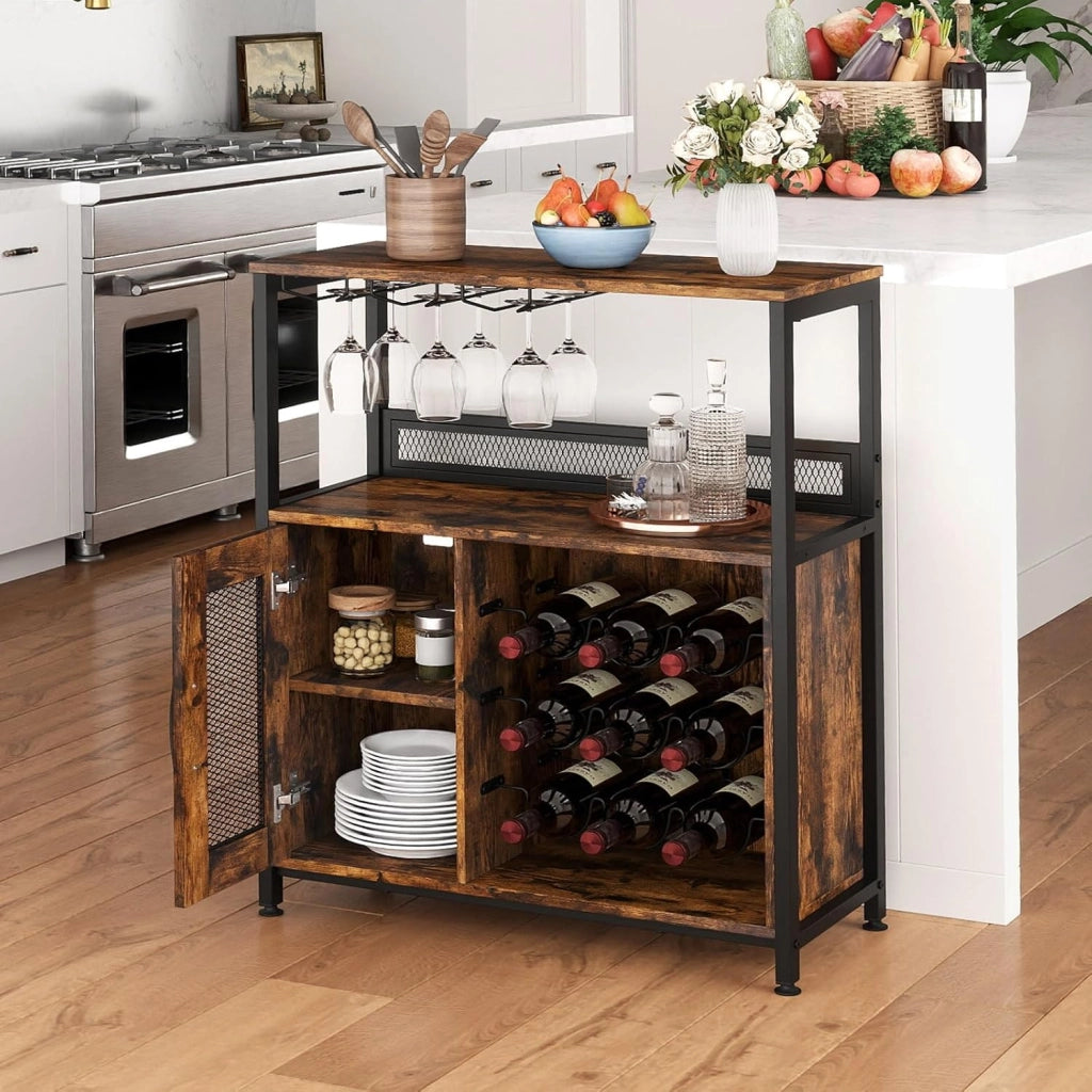 Cantinetta Porta Bottiglie di Vino, Armadietto per Vino con Portabicchieri, Scaffale Aperto e Ripiano Rimovibile, Credenza in Legno Industriale per Cucina e Sala da Pranzo, 75 x 34 x 90,5 cm