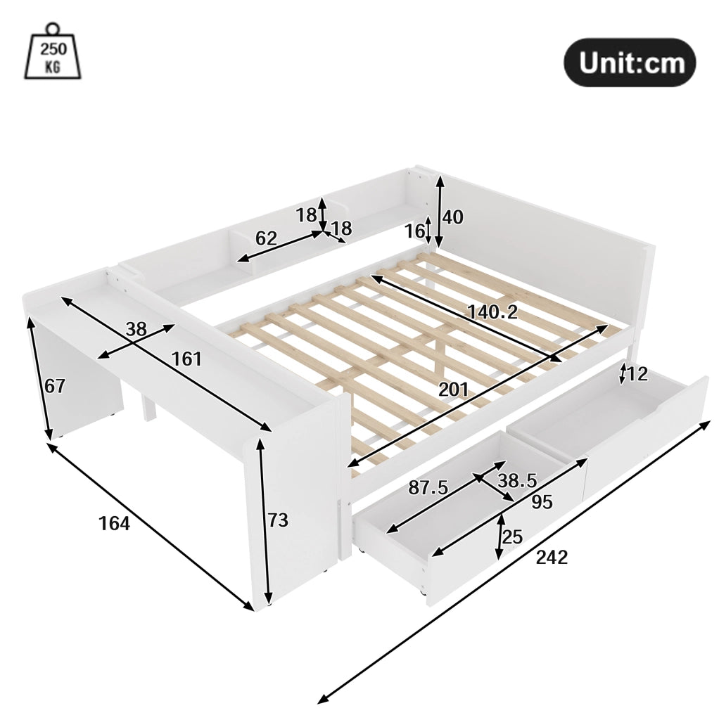 Letto 140x200 cm con scrivania; cassetti e ripiani in legno bianco