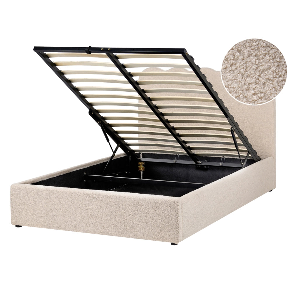 Letto in bouclé imbottito color beige 120 x 200 cm contenitore elevabile con testiera e rete a doghe