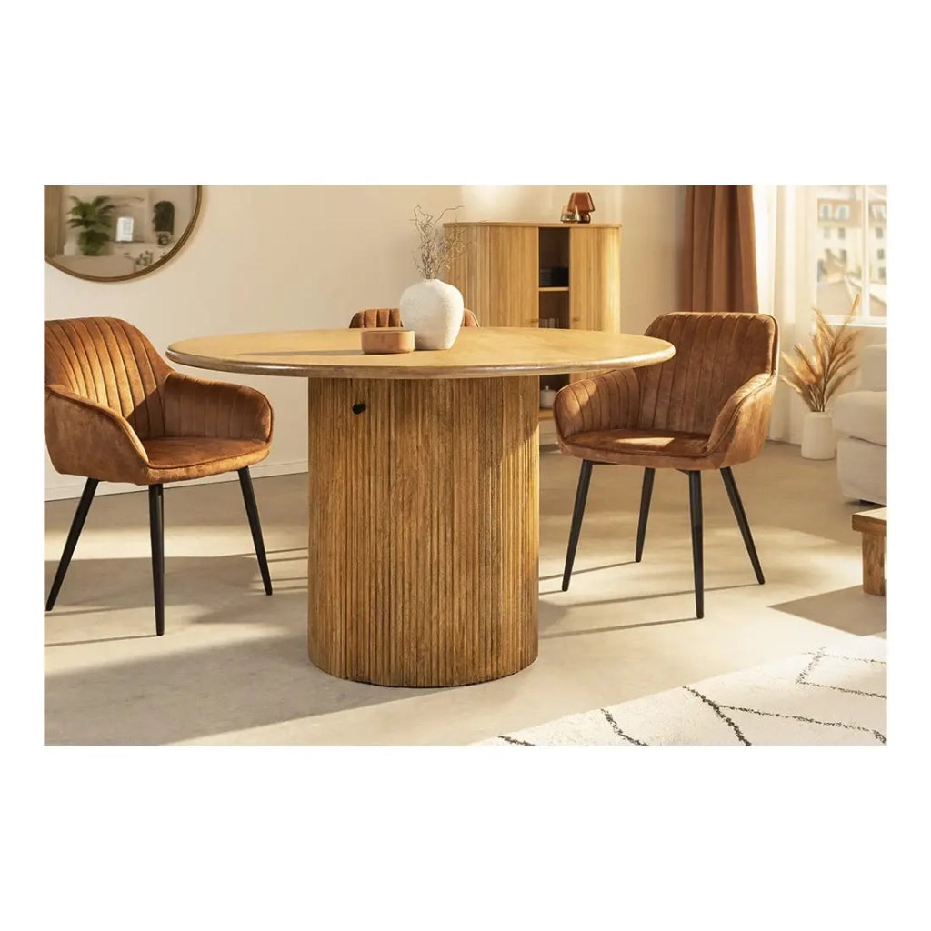 Table YONA – Rotonda diametro 120 cm – Legno massiccio di mango verniciato – Con vani integrati – Stile rustico